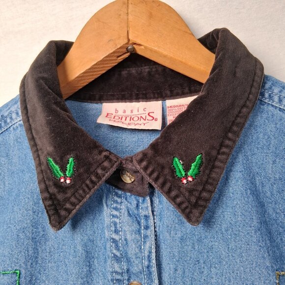 Vintage Basic Editions Holiday Christmas Shirt M Denim Chambray Jean Ornaments - Picture 13 of 16